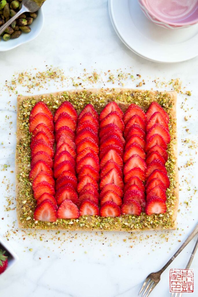 Strawberry Pistachio Frangipane Tart Overhead