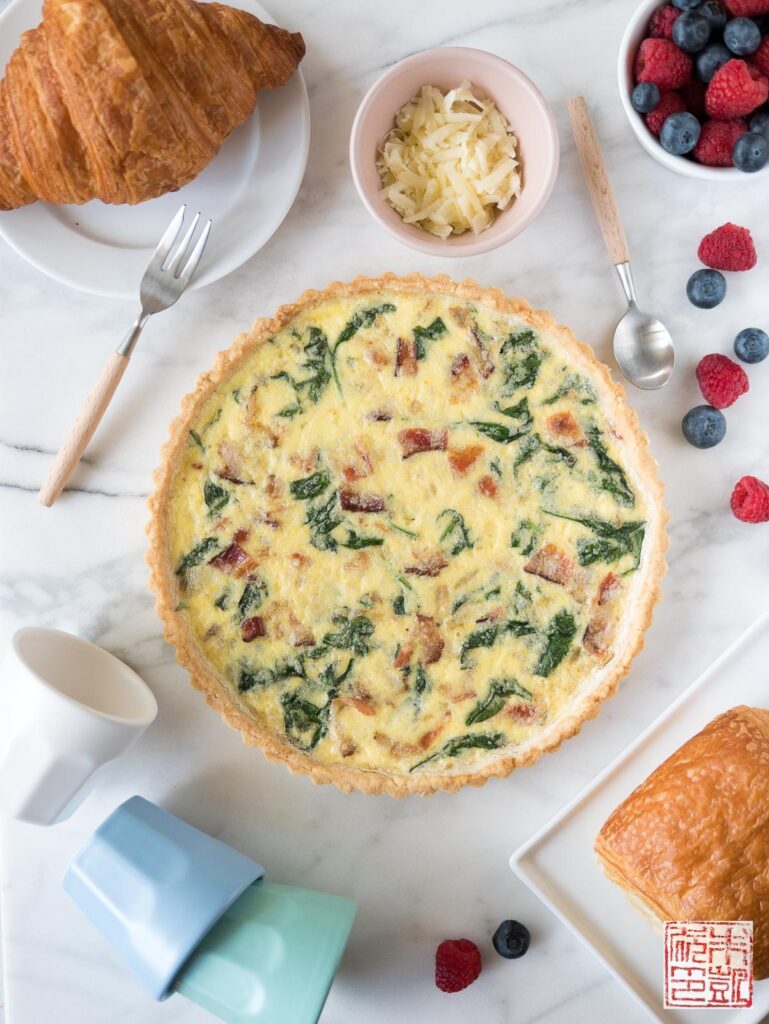 Bacon and Spinach Quiche flatlay