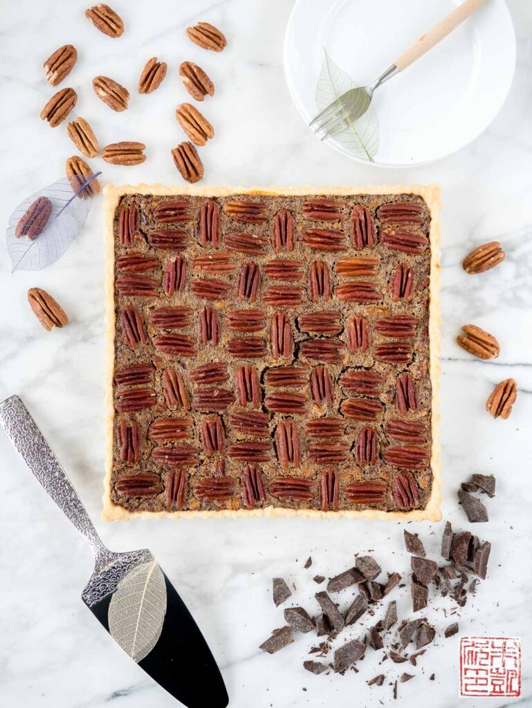 Chocolate Pecan Tart Flatlay